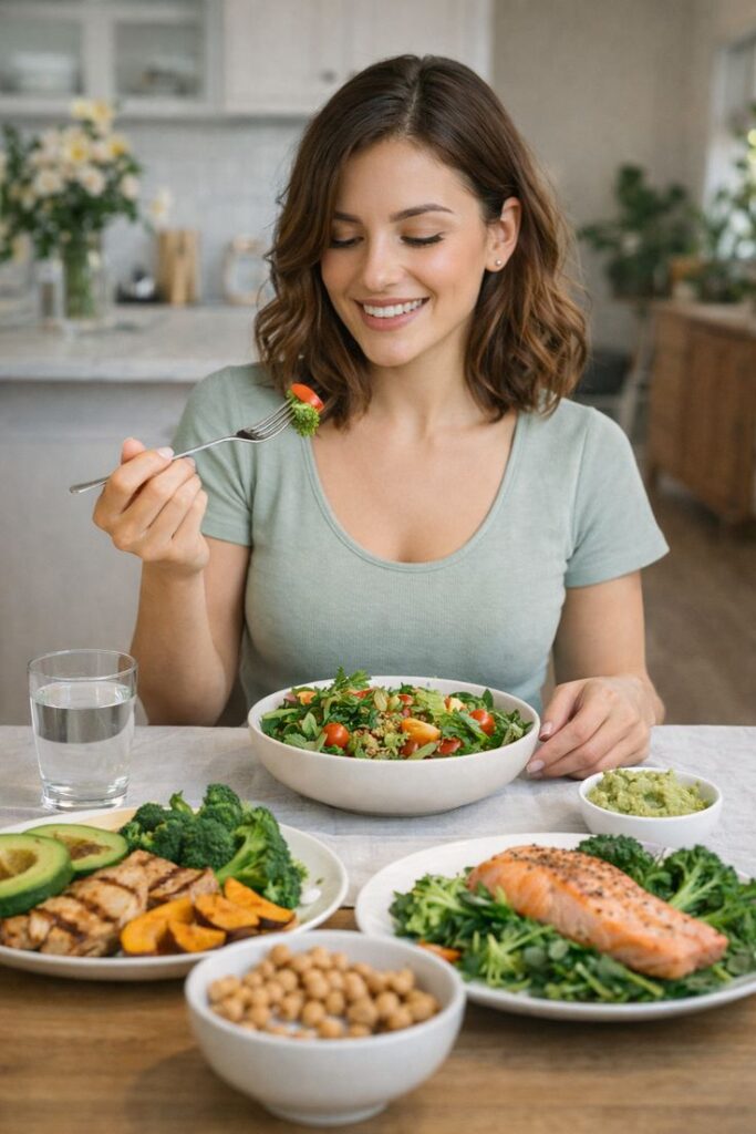 Woman choosing nutritious foods for healthy living