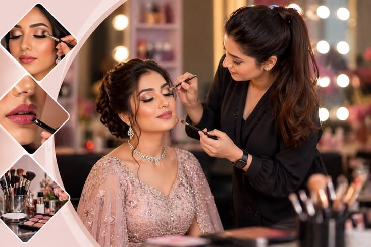 Makeup artist in mumbai aplpying makeup to a bride
