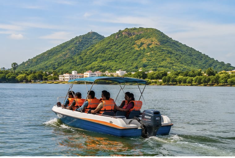 People Travelling by Boat from Punnami Ghat to Bhavani Island Vijayawada