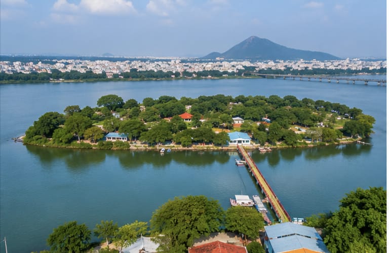 Beautiful aerial view of bhavani island vijayawada and krishna river