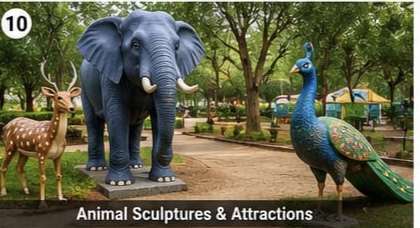Elephant and peacock sculptures at Bhavani Island Vijayawada