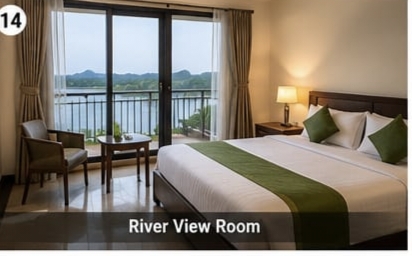 Comfortable bedroom with a balcony overlooking the river